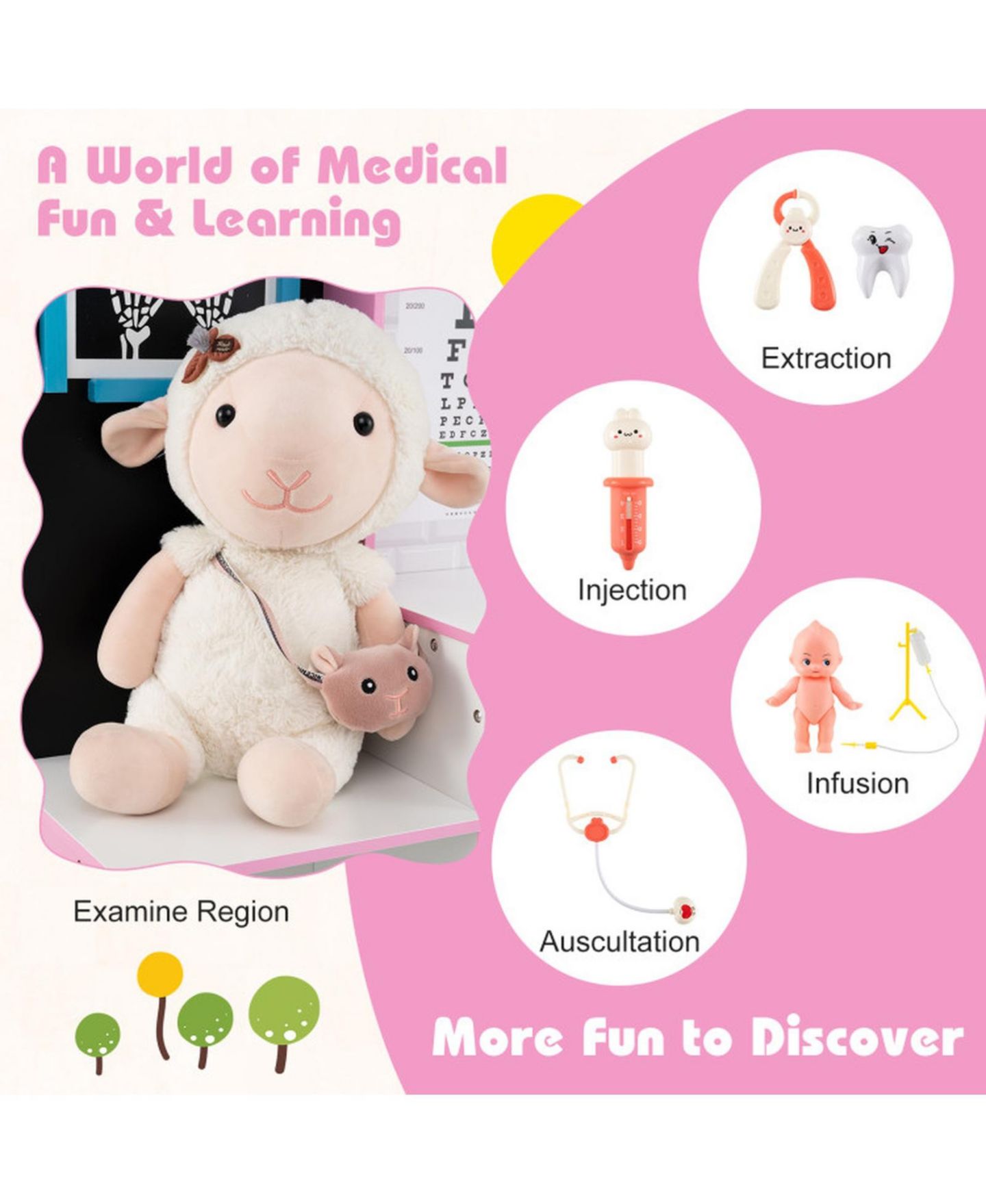 Детский игровой набор HONGGE Kids Wooden Medical Center Play Set with Examination Region, цвет: Мягкий розовый — фото 6