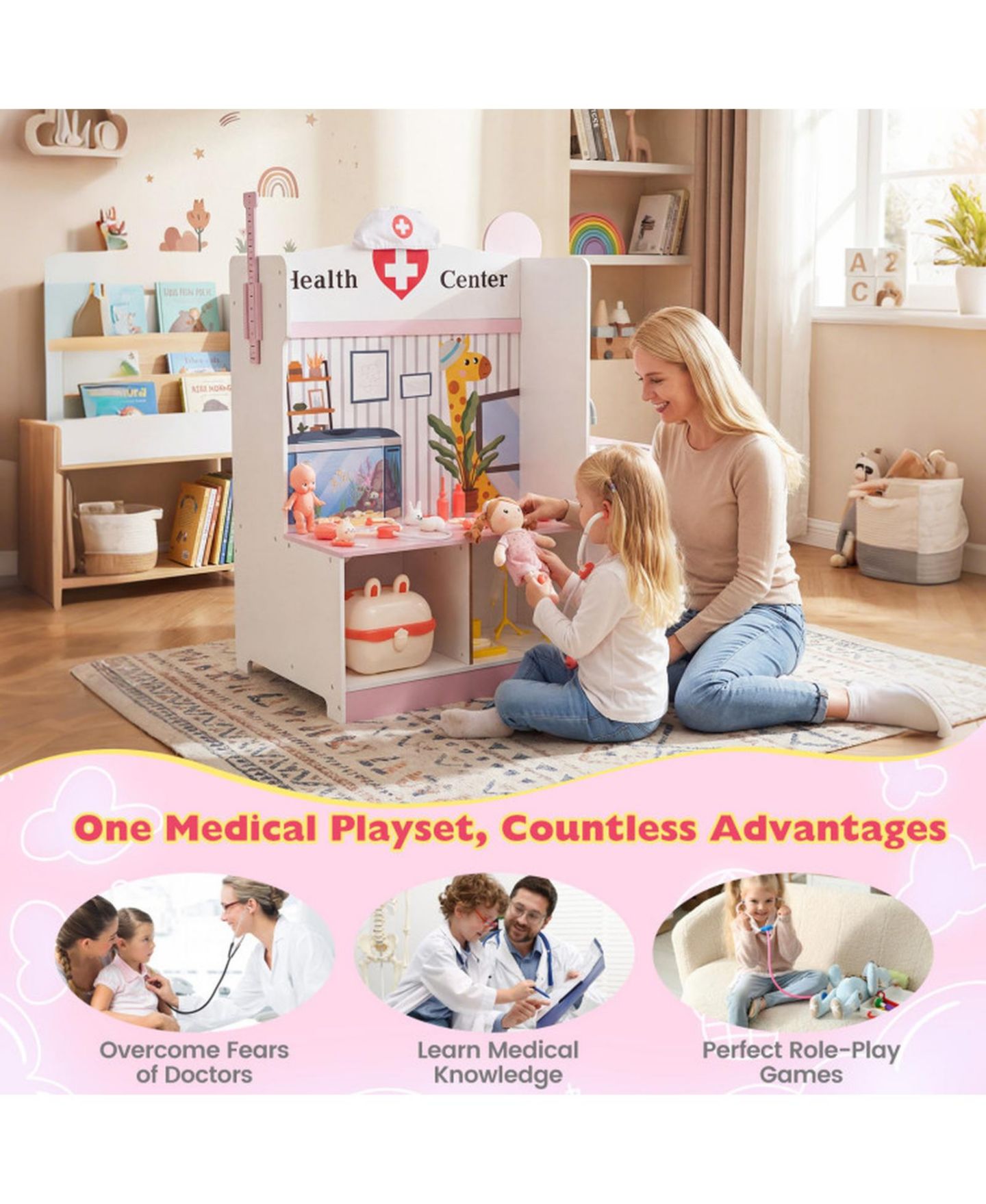 Детские игрушки HONGGE Kids Doctor Adjustable Height Bar Hand Washing Station 27-Piece Play Set, Ages 3+, цвет: Розовый / Белый — фото 4