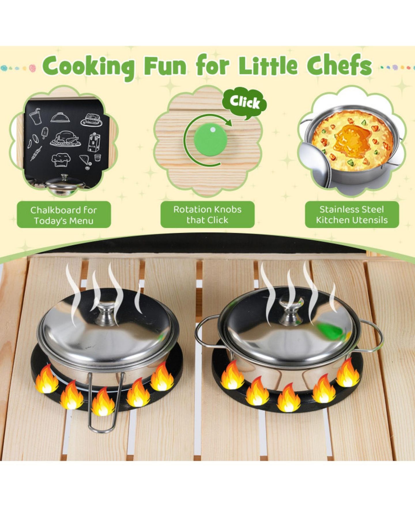 Детские игрушки HONGGE Mud Kitchen Chalkboard 4-Piece Play Kitchen, Ages 3+, цвет: Светлый сосновый — фото 5
