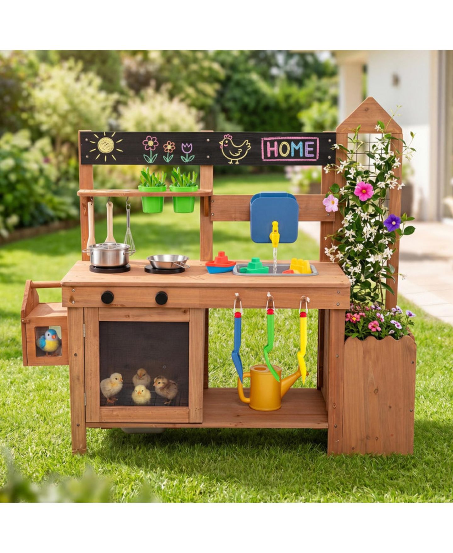 Детская игрушка HONGGE Outdoor Mud Kitchen with Removable Birdcage and Planter Box, Ages 3+, цвет: Тёплый коричневый — фото 11