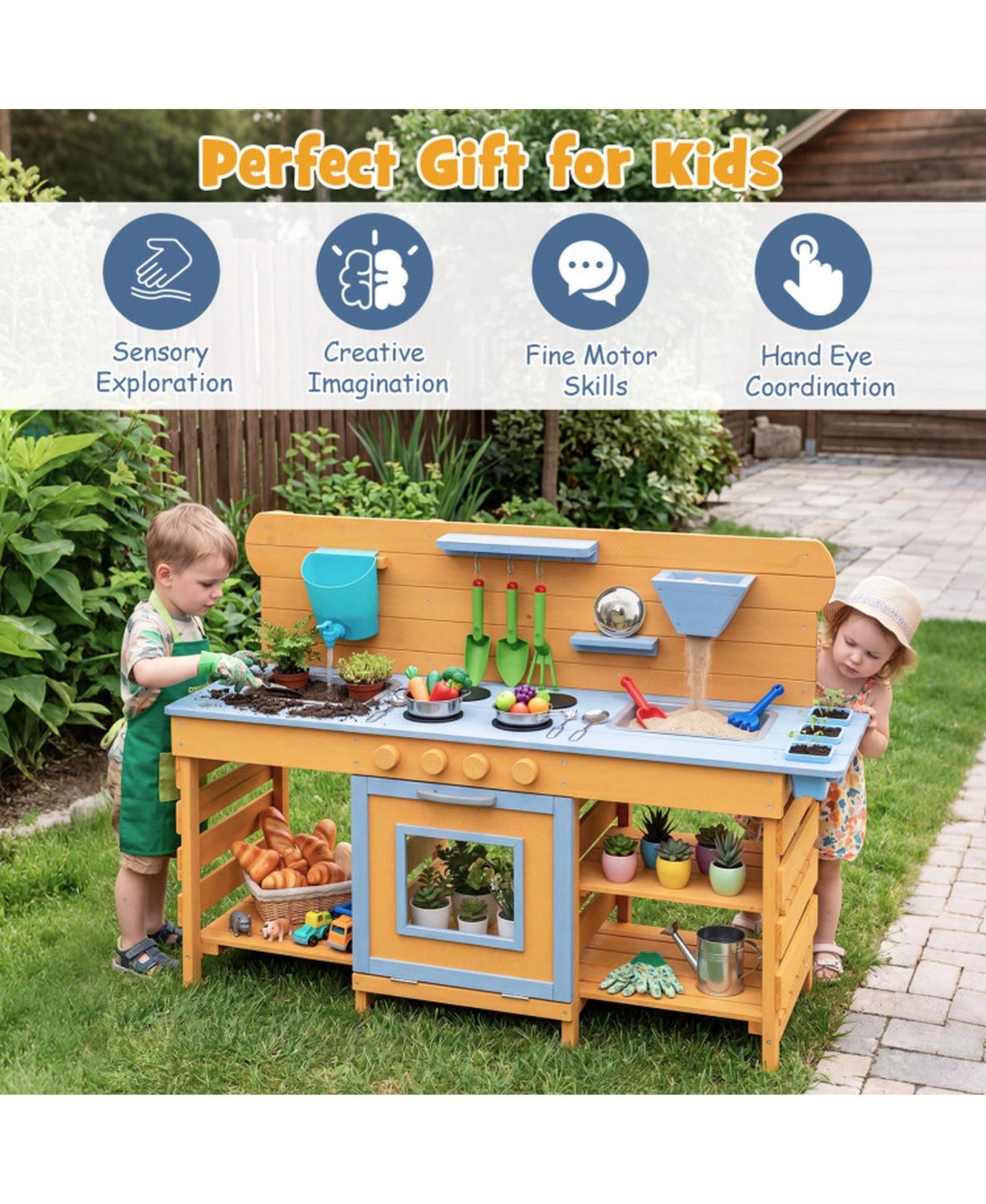 Детские игрушки HONGGE Wooden Mud Kitchen 2-Sink, 4-Stove 14-Piece Play Set, Ages 3+, цвет: Натуральный — фото 9