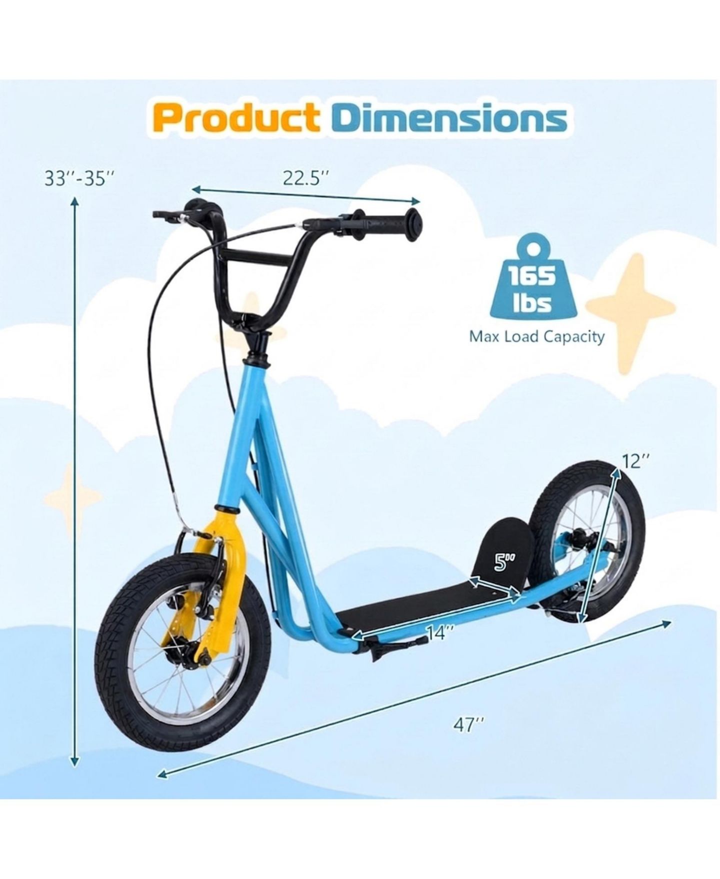 Детские игрушки HONGGE Kids Kick Scooter 12-Inch Air Wheels Dual V-Brakes, 165 lbs Capacity, Ages 8+, цвет: Синий — фото 3