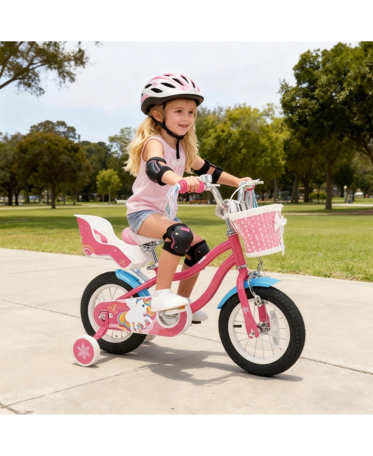 Детская игрушка HONGGE 12-Inch Girls' Bike with Doll Seat, Front Basket and Training Wheels, Ages 3-4, цвет: Розовый — фото 2
