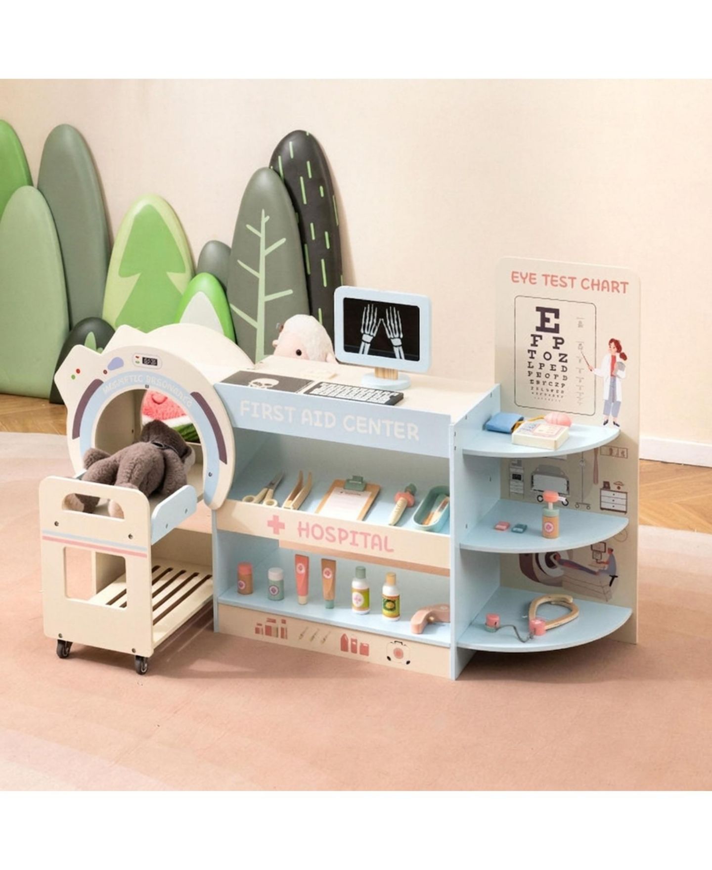 Детский игровой набор HONGGE Kids Wooden Doctor Play Set with Toy CT Machine and Eye Chart Ages 3, цвет: Синий — фото 2