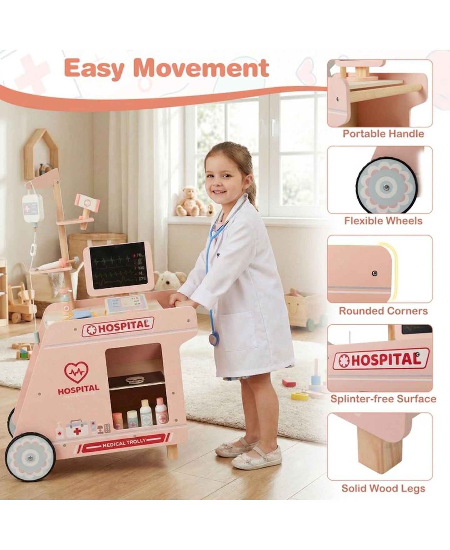 Детская игрушка HONGGE Doctor CT Machine with Rolling Cart Playset, Ages 3+, цвет: Розовый — фото 10