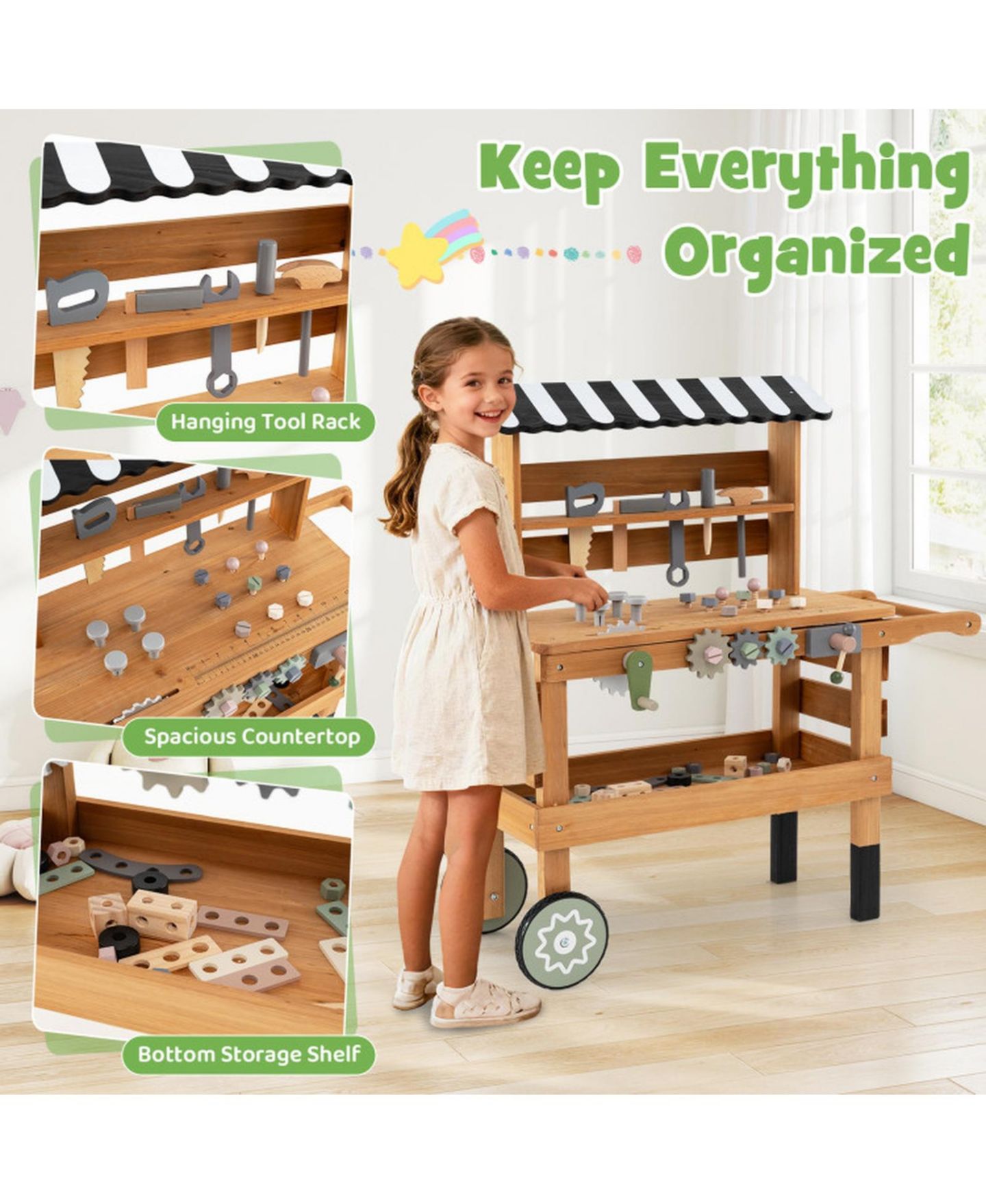Детские игрушки HONGGE 2-in-1 Rolling Wooden 47-Piece Tool Bench Cart, Ages 3+, цвет: Коричневый — фото 8