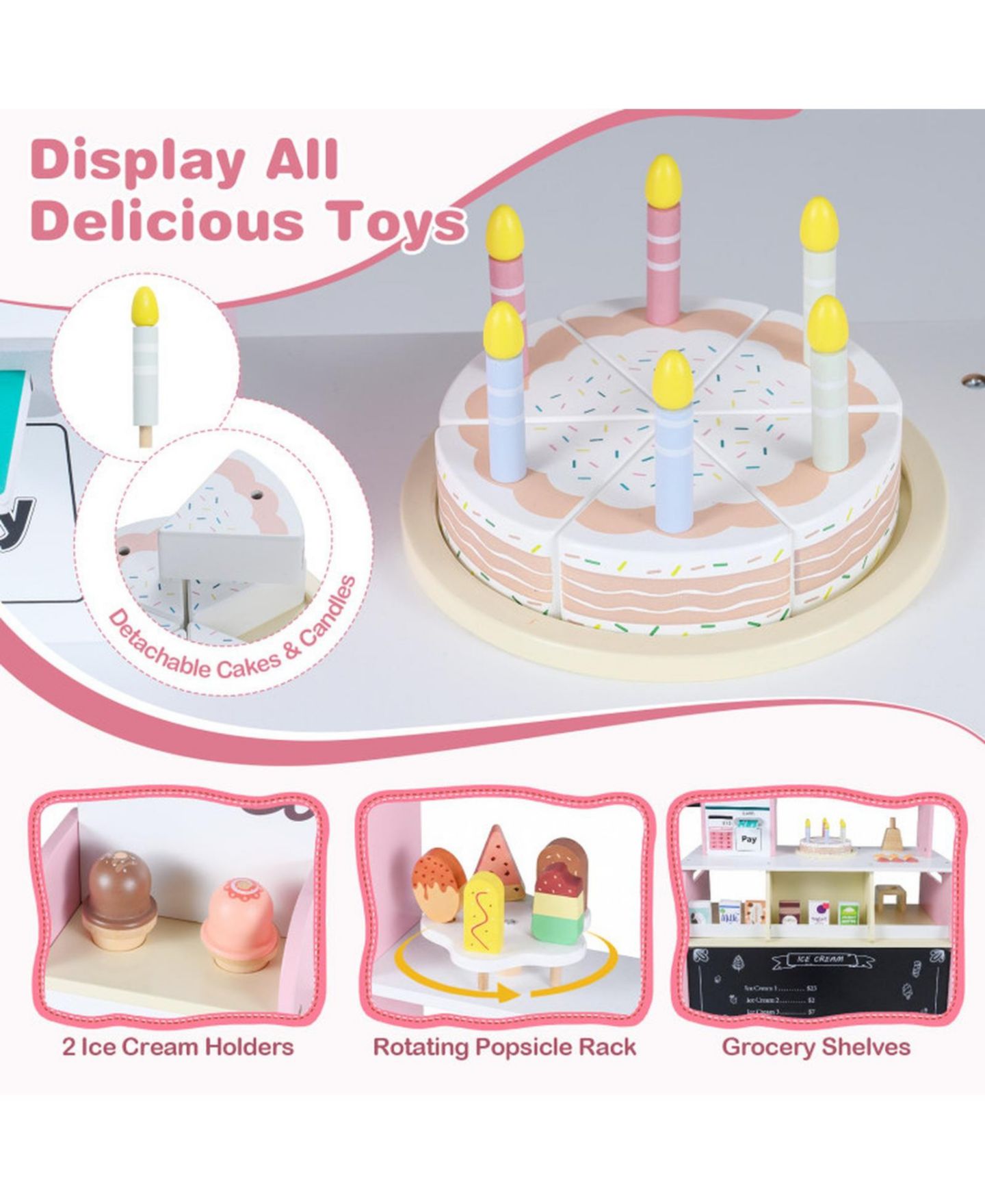 Детский игровой набор HONGGE Ice Cream Shop Rotating Popsicle Rack 27-Piece Playset, Ages 3+, цвет: Розовый — фото 6