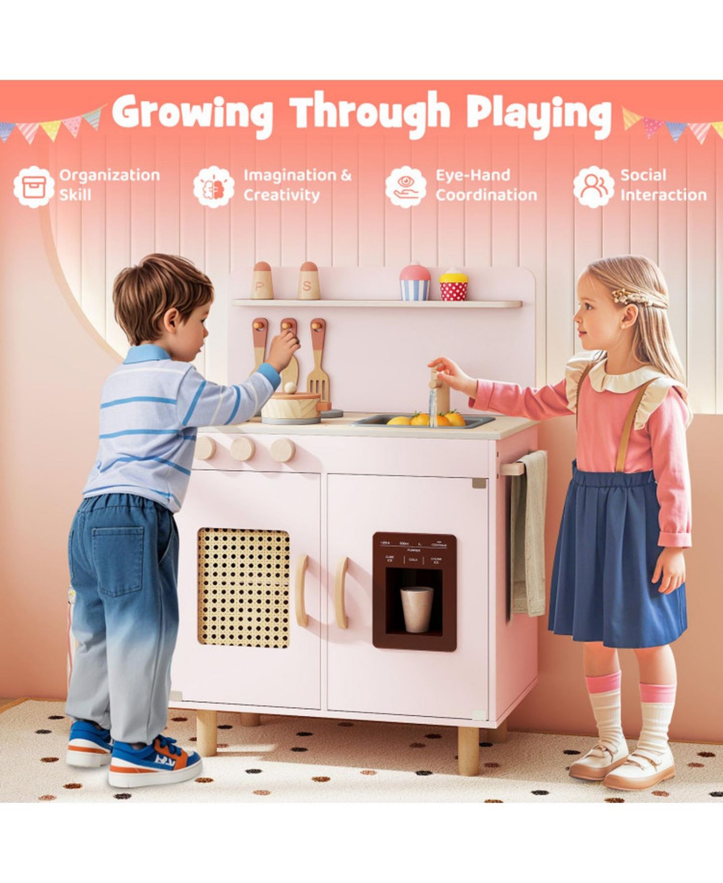 Детский игровой набор HONGGE Kids Wooden Play Kitchen Playset with Working Ice Maker and Sink Ages 3, цвет: Розовый — фото 6