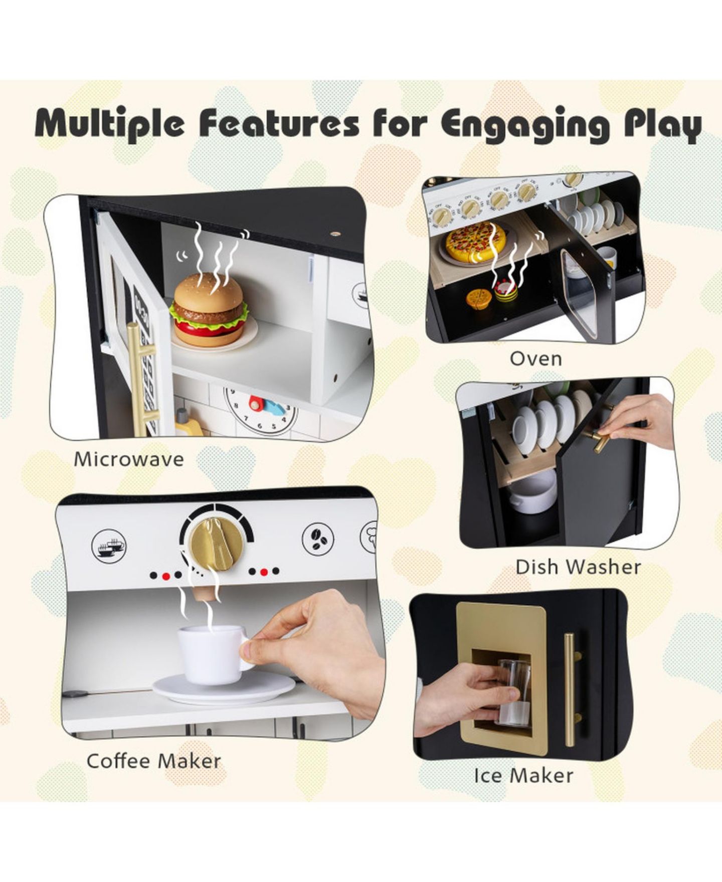 Детская игрушка HONGGE Lights and Sounds Wooden Play Kitchen with Ice Maker, Ages 3+, цвет: Чёрный — фото 4