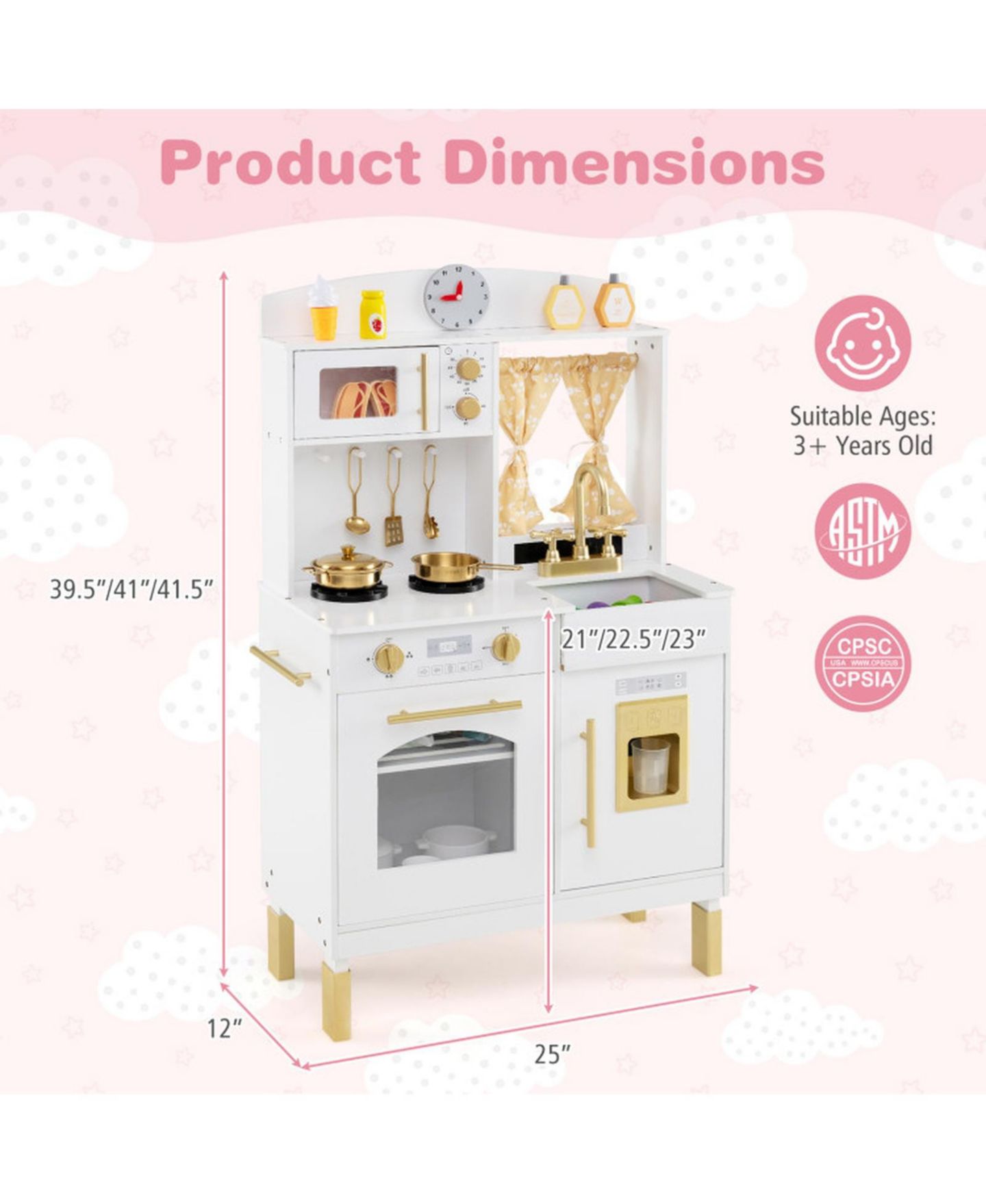Детская игрушка HONGGE Height-Adjustable Ice-Making Wooden Play Kitchen, Ages 3+, цвет: Золотой — фото 3