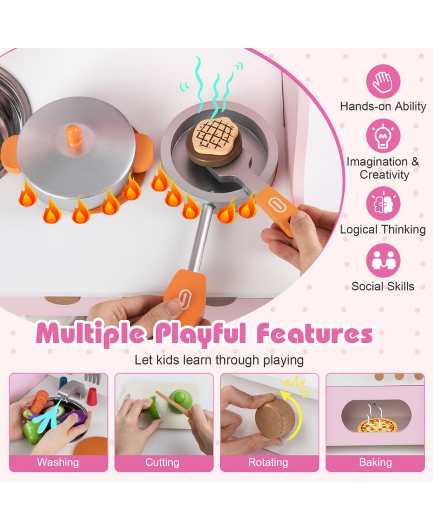 Детские игрушки HONGGE Wooden Double-Burner Play Kitchen with Learning Clock, 12-Piece Set, Ages 3+, цвет: Розовый — фото 6