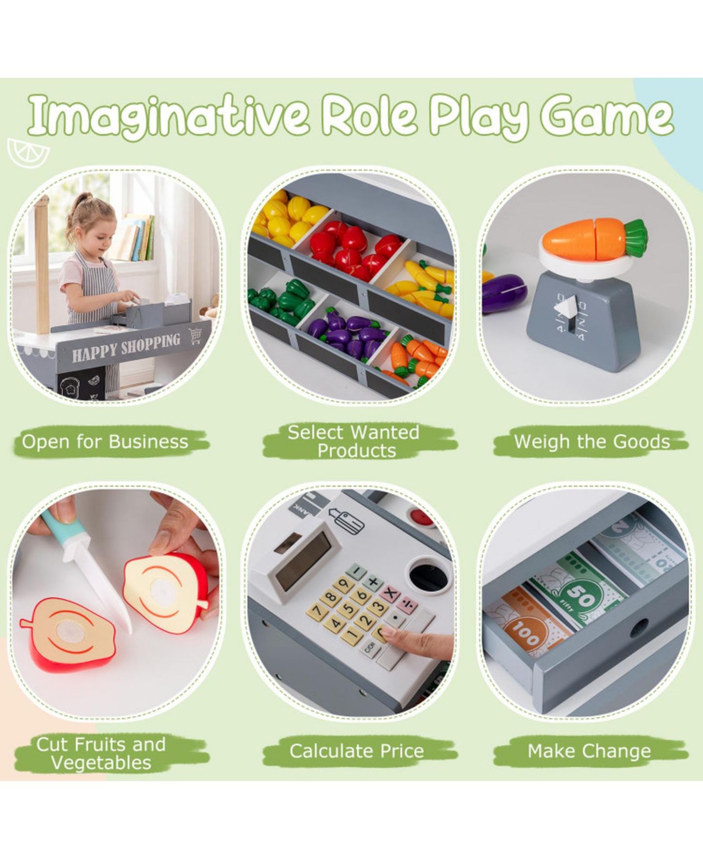 Детский игровой набор HONGGE Kids' Wooden Grocery Store Playset with Shopping Cart and Cash Register, Ages 3+, цвет: Серый — фото 6