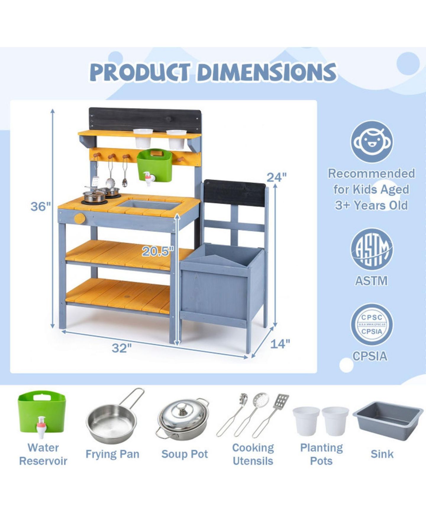 Детские игрушки HONGGE Running Water 9-Piece Mud Kitchen, Ages 3+, цвет: Жёлтый — фото 3