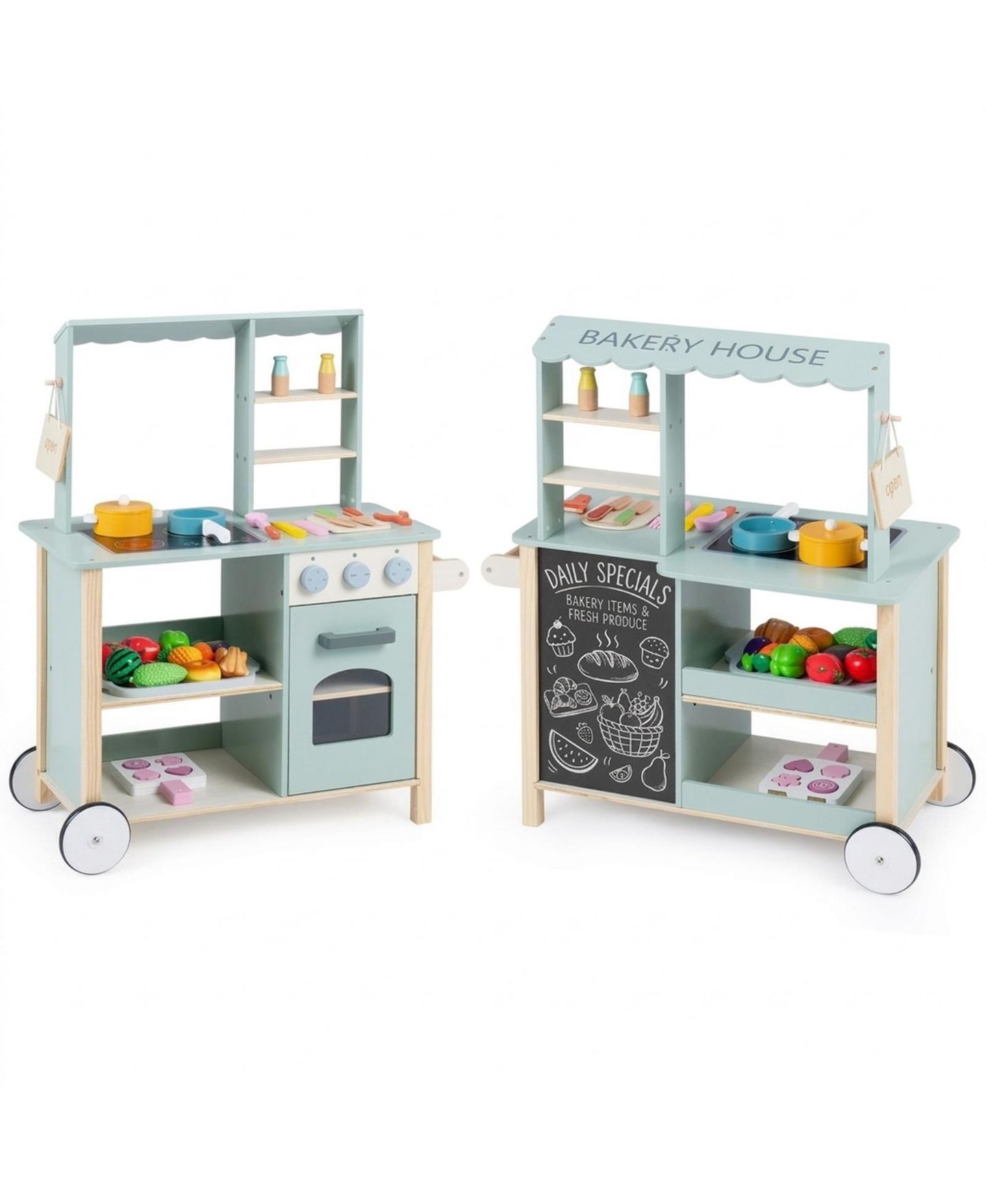 Детская игрушка HONGGE Wooden Play Kitchen with Rolling Wheels, Ages 3+, цвет: Зелёный — фото 5
