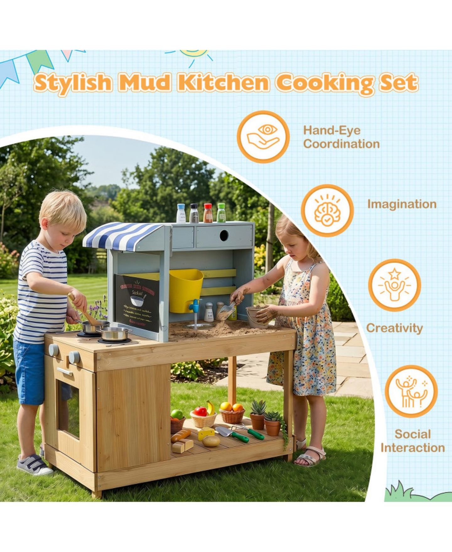 Детские игрушки HONGGE Canopy Mud Kitchen with Water Tank and Faucet, Ages 3+, цвет: Натуральный — фото 9