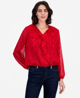 Women's Ruffle Front Clip-Dot Blouse