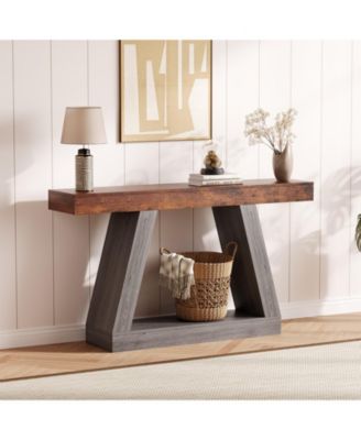 55" 2-Tier Industrial Console Table with Open Shelf, Rustic Wood-Look Sofa Table for Entryway and Living Room