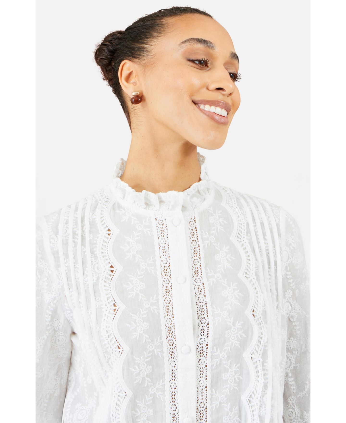 Женская блузка Yumi Long-Sleeve Lace-Detail Cotton, цвет: Белый — фото 7