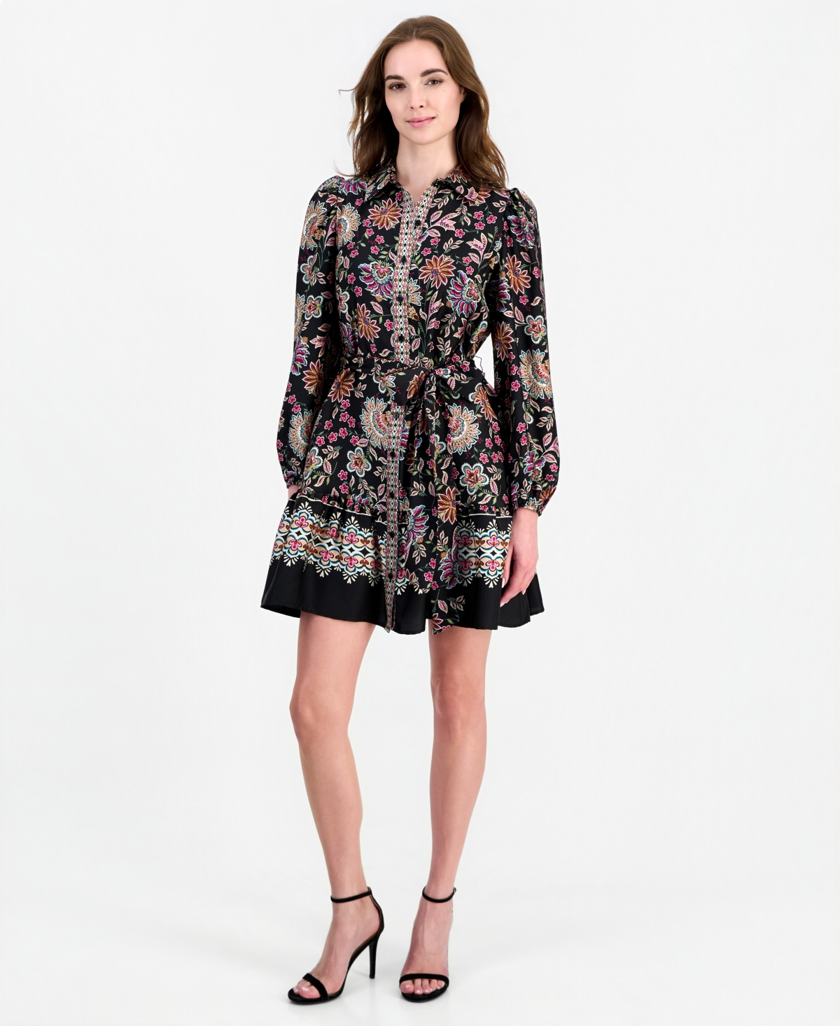 Anne Klein Women's Floral-Print Tiered Long-Sleeve Shirt Dress