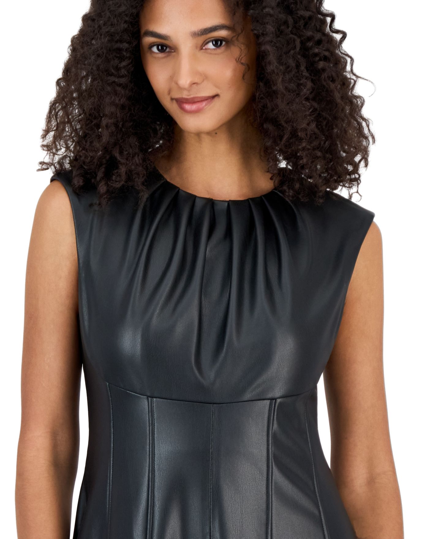 Женское платье Anne Klein Pleated Neck A-Line Midi Faux Leather, цвет: Чёрный — фото 3