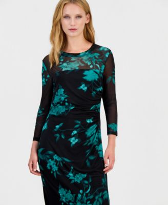 Women's Floral Long-Sleeve Mesh Midi Dress