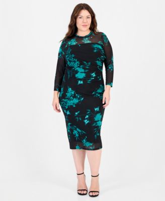 Plus Size Long-Sleeve Floral-Print Boat Neck Midi Dress