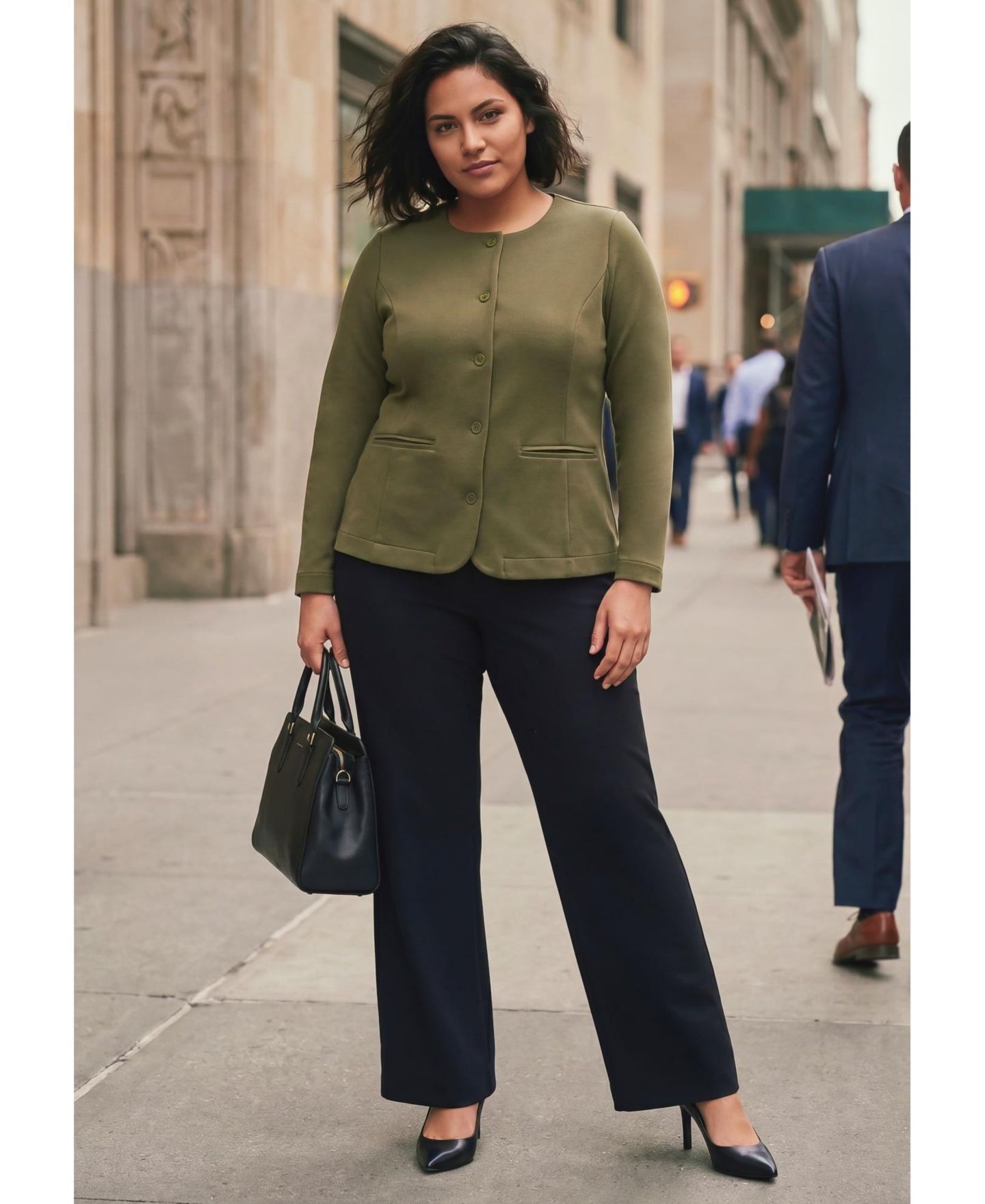 Женский пиджак AVENUE Plus Size Ponte Button Scoop-Neck Blazer, цвет: Оливковый зелёный — фото 3