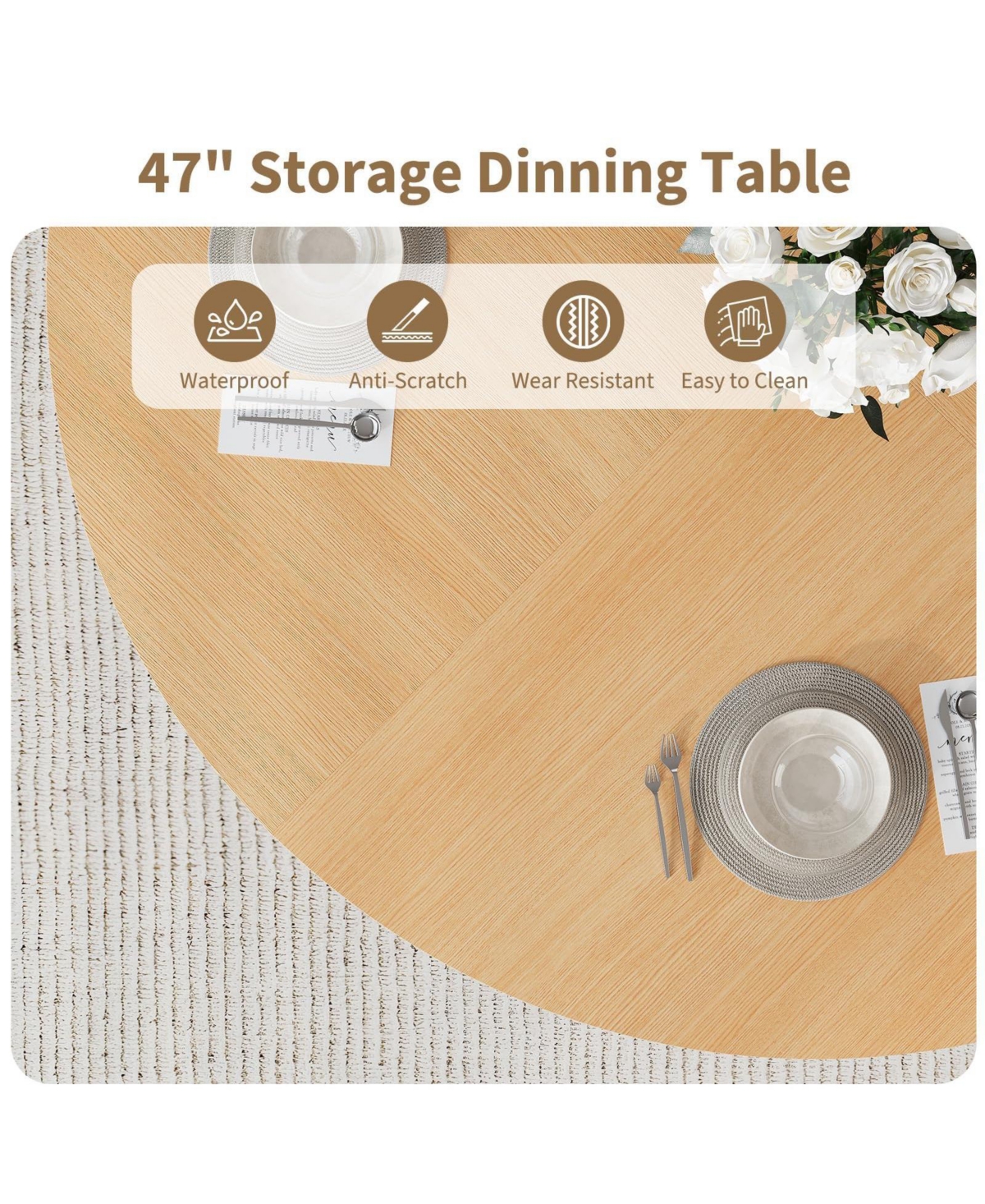 homfan 47.24" round farmhouse dining table seats 4-6, featuring a sturdy wood base and 2-layer storage shelf for kitchen or dining spaces.