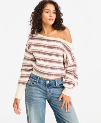 Juniors' Slouchy Off-the-Shoulder Striped Pullover