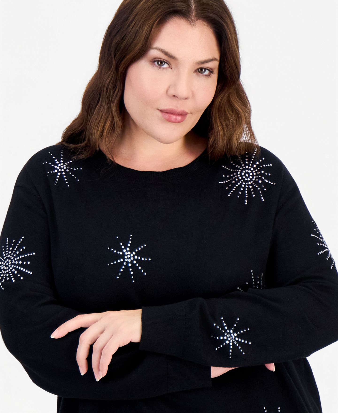 Женский свитер Anne Klein Essentials Plus Size Crewneck Long-Sleeve Embellished, цвет: Чёрный — фото 2
