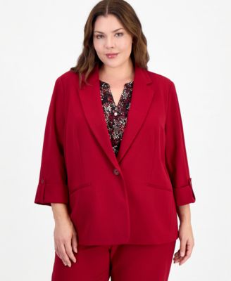 Plus Size One Button Notch Collar 3/4-Sleeve Blazer