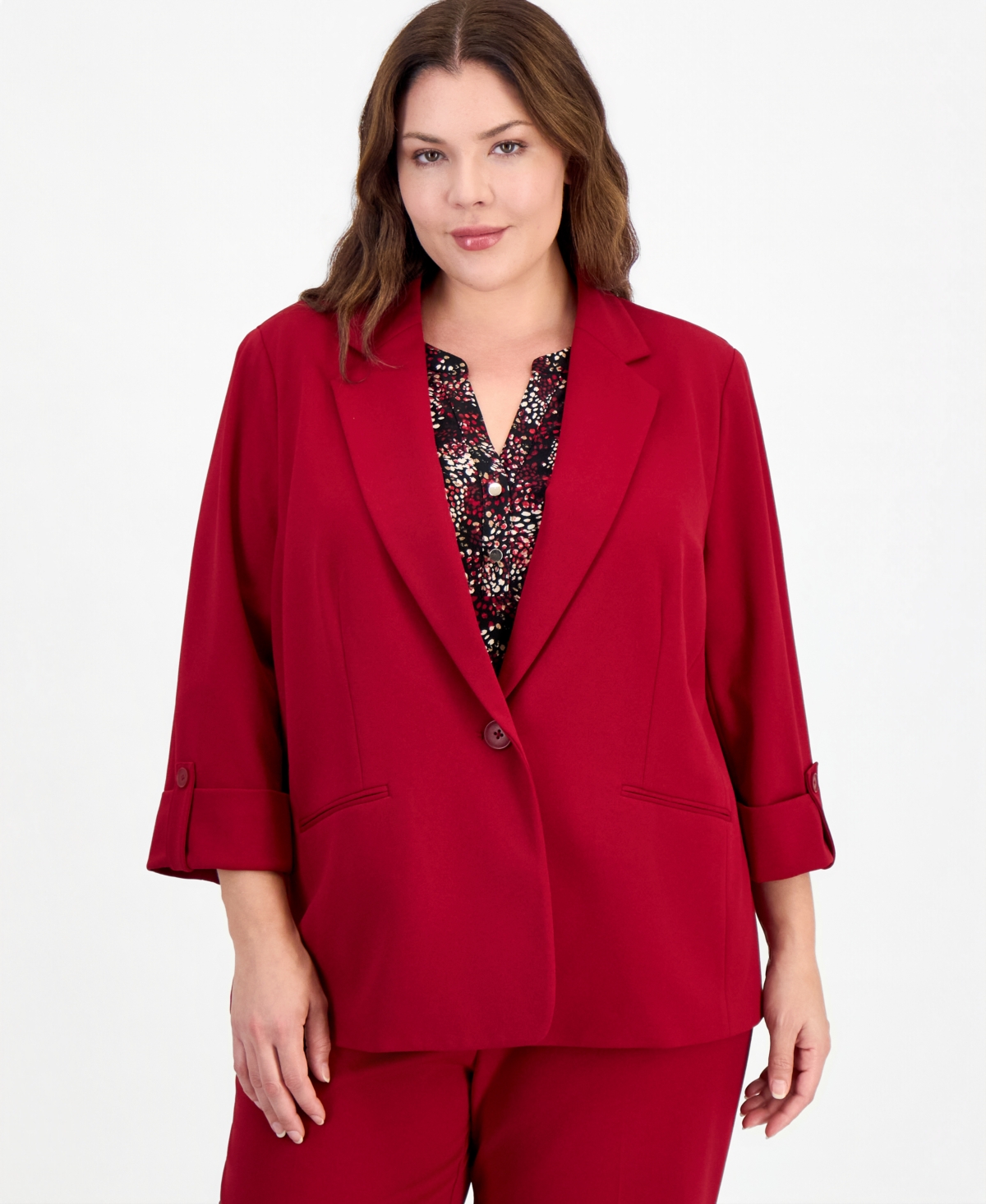 Anne Klein Essentials Plus One Button Notch Collar 3/4-Sleeve Blazer