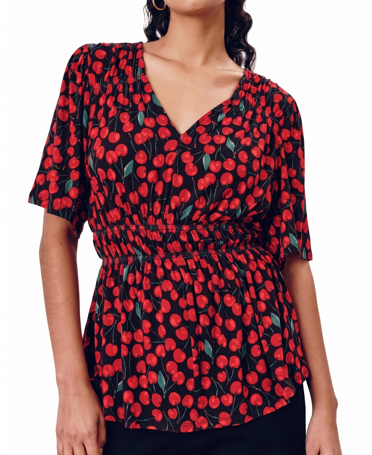 Universal Standard Plus Size Flora Peplum V-Neck Short-Flutter-Sleeve Top - Very cherry print