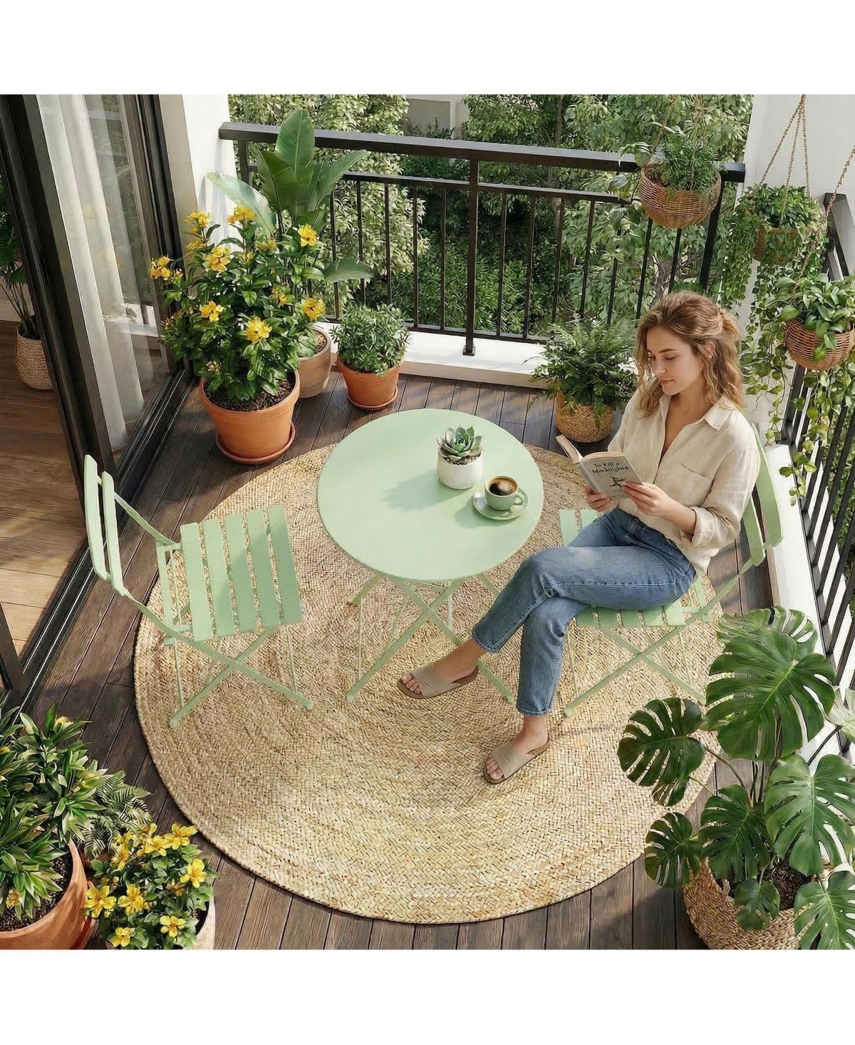 homfan 5-Piece Patio Bistro Set Folding Metal Frame Outdoor/Indoor Table and Chairs, No Assembly Needed, Space-Saving for Balcony Yard Garden
