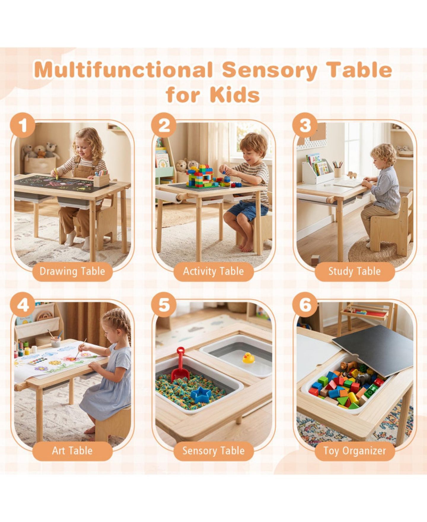 Детская игрушка HONGGE 6-In-1 Kids Sensory Table With Adjustable-Height Legs, Ages 3+, цвет: Сосновый — фото 5