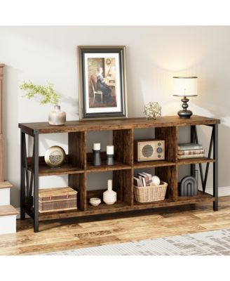 8-Cube Bookshelf Storage Organizer with Industrial Metal Frame, 62" Console Table, TV Stand, Rustic Farmhouse Style