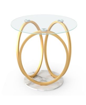 Round Faux Marble End Table with Tempered Glass Top 2-Tier Side Table