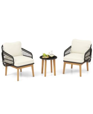 3 Piece Patio Chair Set Wicker Chair and Side Table Set with  Soft Cushions and Tempered Glass Tabletop