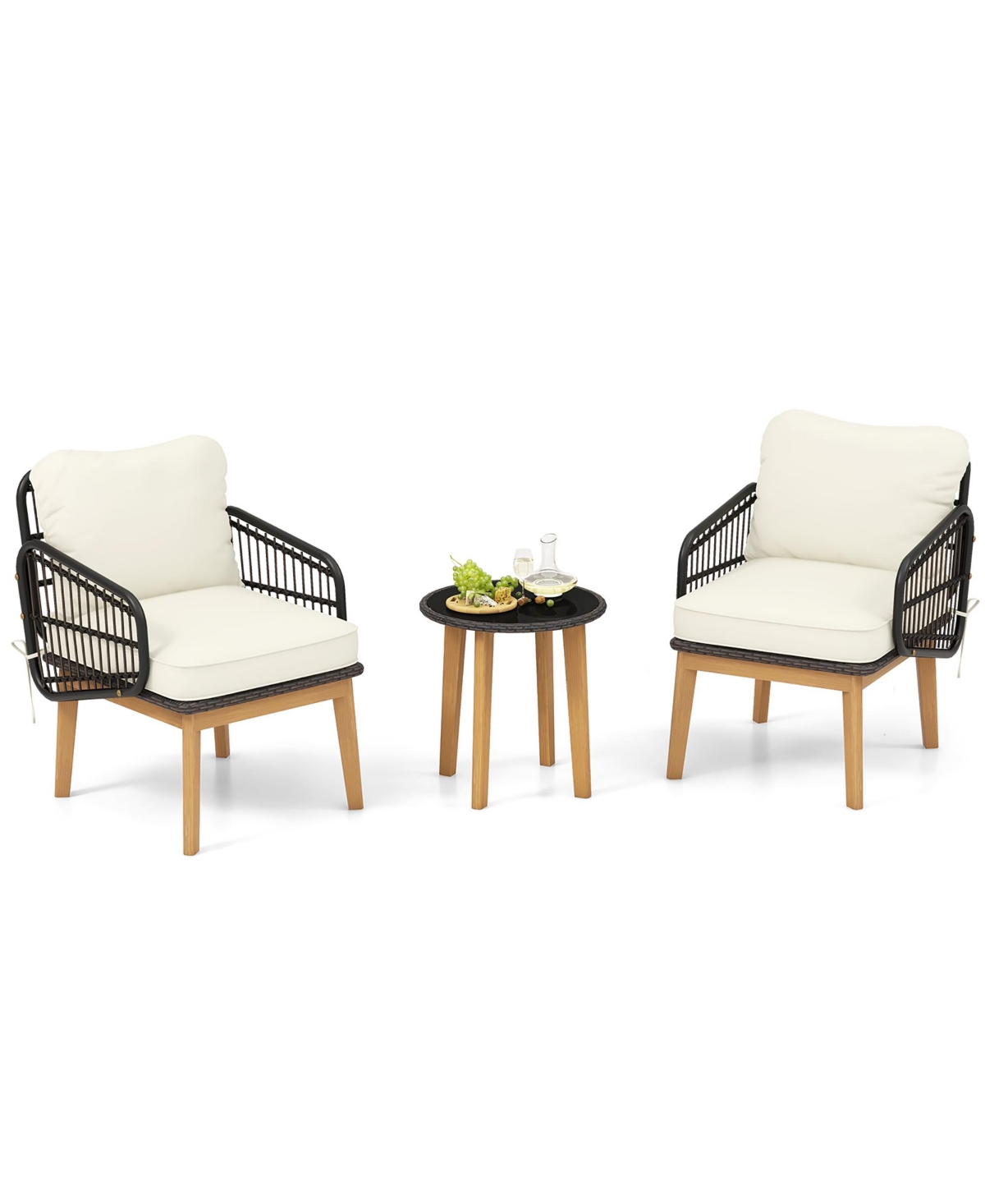Gymax 3 Piece Patio Chair Set Wicker Chair and Side Table Set with Soft Cushions and Tempered Glass Tabletop