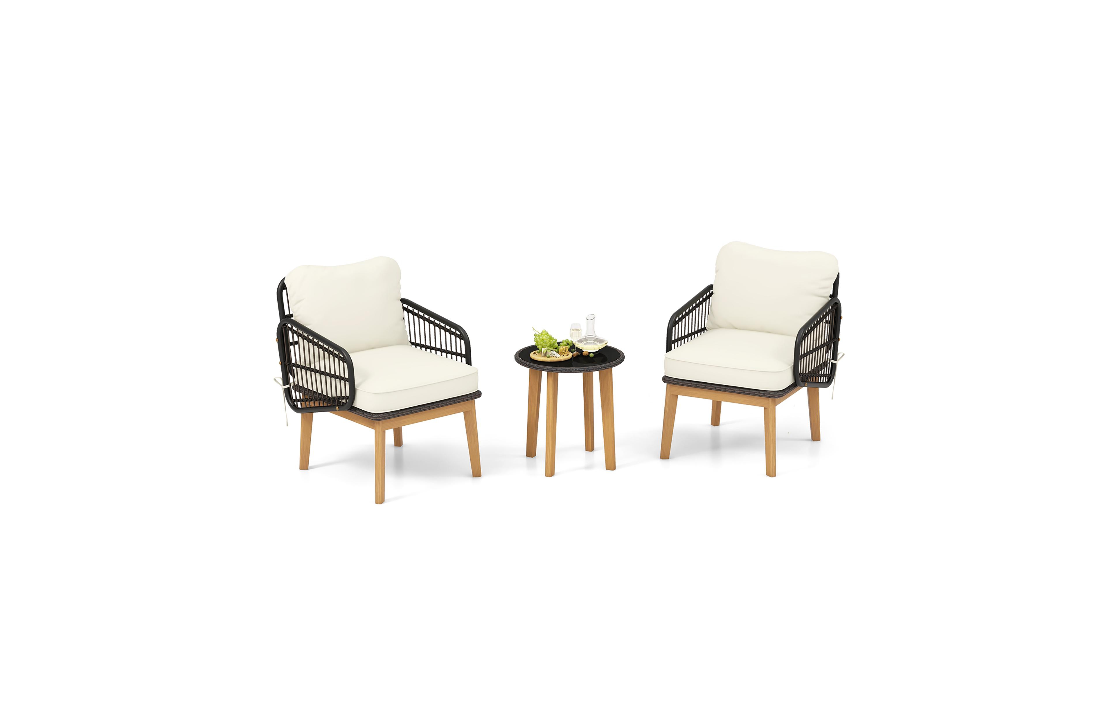 Gymax 3 Piece Patio Chair Set Wicker Chair and Side Table Set with Soft Cushions and Tempered Glass Tabletop