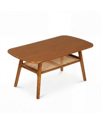 2-Tier Boho Rattan Table with Rounded Corners and Open Shelf