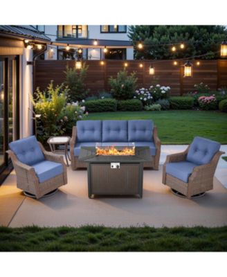 5-Piece Wicker Patio Furniture Set With Fire Pit Table, 6-Inch Ultra Thick Cushioned 360degree(s) Swivel Glider Chairs