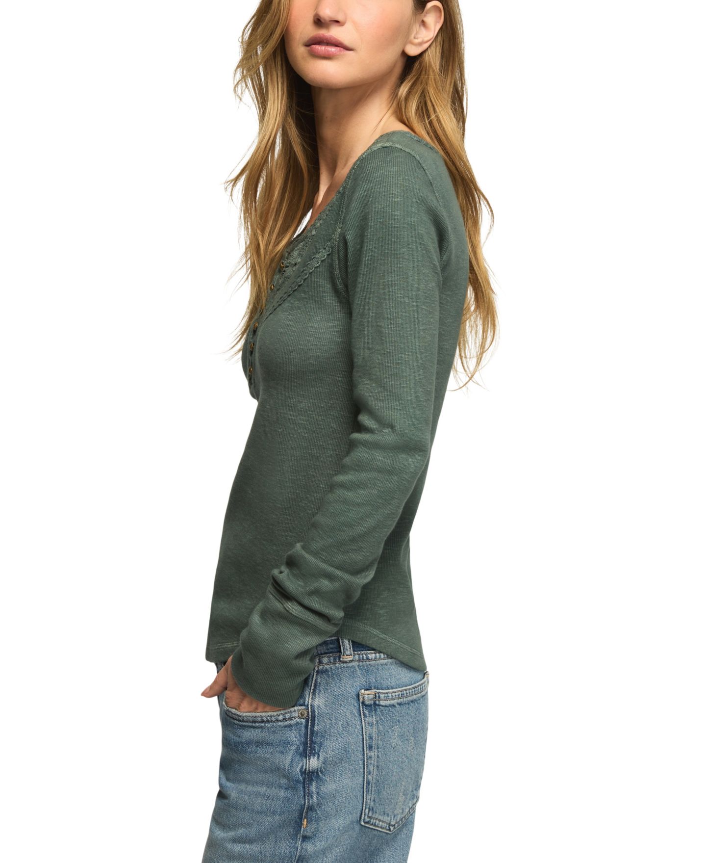 Женский топ Lucky Brand Lace Yoke Long-Sleeve Henley, цвет: Зелёный — фото 3