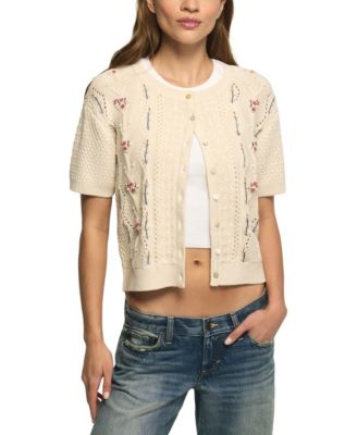 Women's Rosette Button Up Short-Sleeve Cable-Knit Crop Cardigan