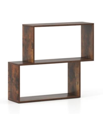 3-Tier Geometric Wooden Bookcase with 2 Cubic Compartments Freestanding Bookshelf