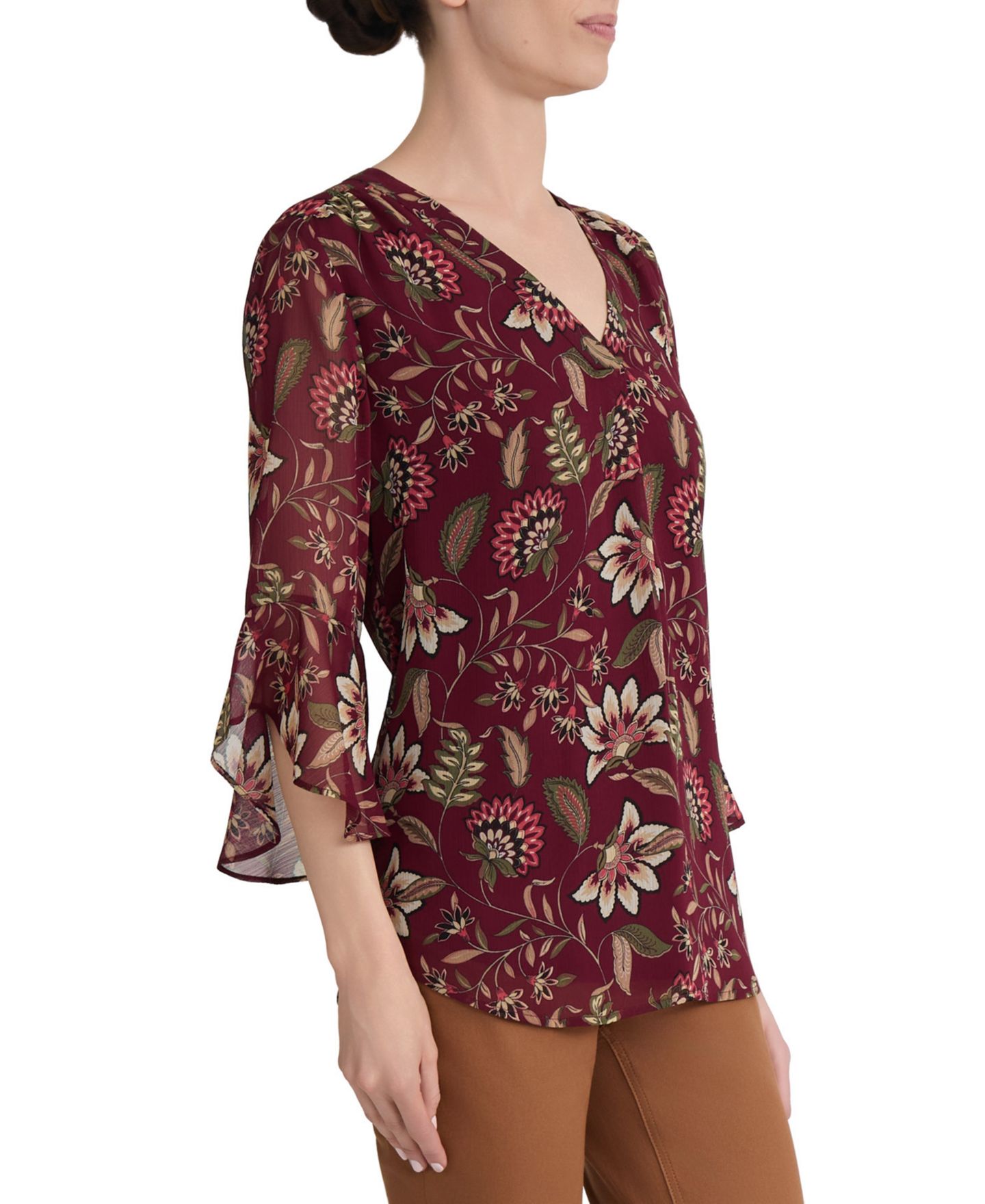 Женская блузка Jones New York V-Neck Flutter-Sleeve Floral-Print Blouse, цвет: Винный — фото 2