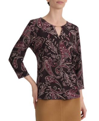Women's Paisley-Print 3/4-Sleeve Keyhole-Neck Blouse