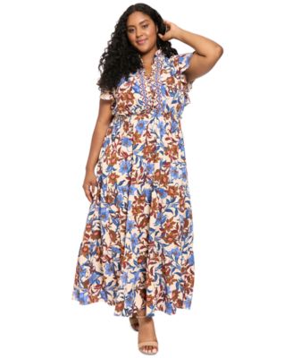 Plus Size Tiered Flutter-Sleeve Bubble-Crepe Maxi Dress