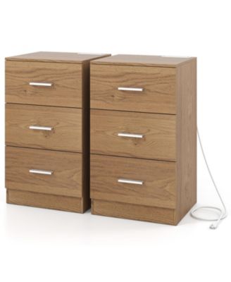 Set of 2 Nightstands with Charging Station End Tables with 3 Drawers for Bedroom