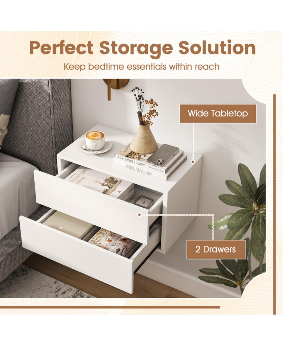 Sugift Wall Mounted Floating Nightstand with 2 Storage Drawers for Bedroom